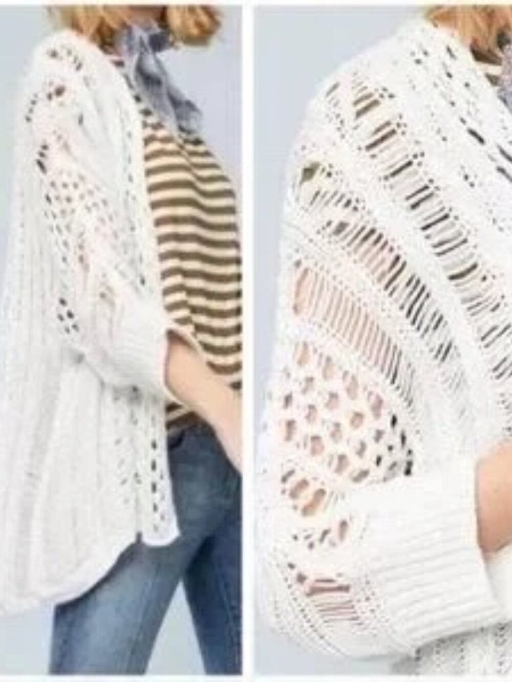 Anthropologie Moth White Crochet Pattern Open Short Sleeve Cardigan Sz: L